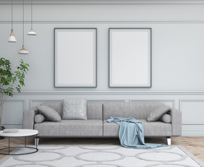 Interior design simple scene with frames. Modern scandinavian interior. 3d render studio.