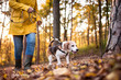 © Halfpoint - Senior woman with dog on a walk in an autumn forest.