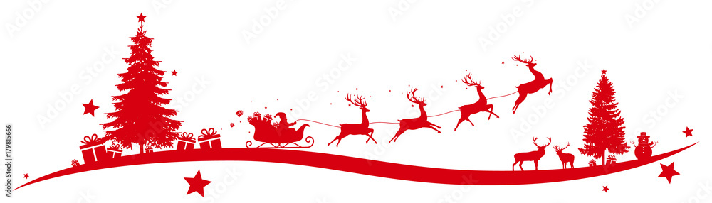 Christmas border with flying sleigh - obrazy, fototapety, plakaty 