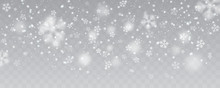 Vector Heavy Snowfall, Snowflakes In Different Shapes And Forms. Many White Cold Flake Elements On Transparent Background. White Snowflakes Flying In The Air. Snow Flakes, Snow Background.