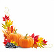 Thanksgiving border with pumpkins, wheat ears and leaves on white. Vector illustration. 
