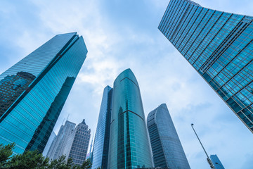 Canvas Print - Skyscrapers from a low angle view in Shanghai, China..