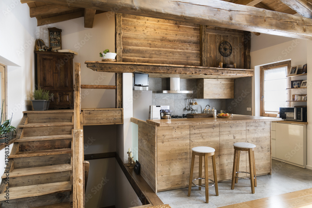 wood kitchen in cottage style - obrazy, fototapety, plakaty 