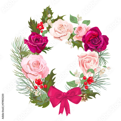 Christmas card, wreath of flowers. Round frame with red, pink roses, pine bra...
