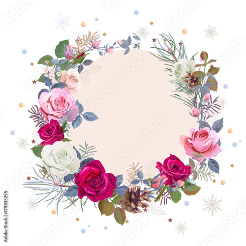 Christmas card, wreath of flowers. Round frame with white, red, pink roses, t...