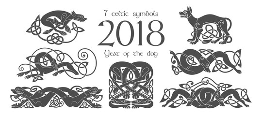 Canvas Print - Set of celtic symbols of dogs. Design elements in tribal style.