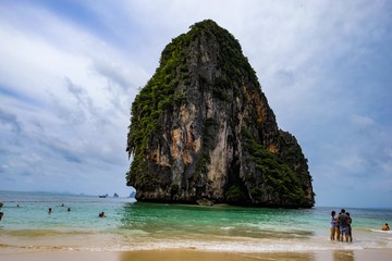 Wall Mural - View of the best Phi Phi Leh island beach,Krabi Thailand,with bright decorated thai longtail boats .