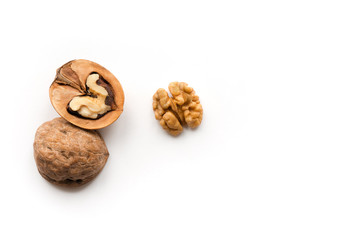 Wall Mural - Isolated walnuts on white background.  Top view. Open nut.  