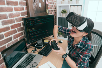 cheerful woman computer engineer finished work