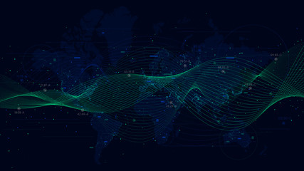 Abstract vector background with dynamic waves, big data visualization with a world map