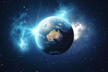 Wall Mural - 3d rendering world globe. earth globe with backdrop stars and nebula. earth, galaxy and sun from spa