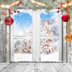 Wall Mural - christmas old white window with decorations.