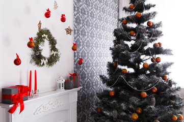 Wall Mural - Christmas decorated tree in modern interior, holiday concept