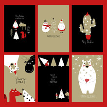 Set Of Retro Funny Christmas Cards.