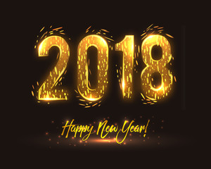 Wall Mural - Happy 2018 new year. Greeting card with realistic golden flaming number, firework sparkles and inscription. Vector illustration.