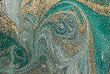 Marbled Green Abstract Background With Golden Sequins. Liquid Marble Ink Pattern.