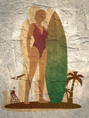 Wall Mural - woman posing with surfboard. human silhouette. vintage surfing graphic and emblem for web design or 