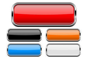 Sticker - Rectangle buttons set with bold chrome frame. 3d shiny icons