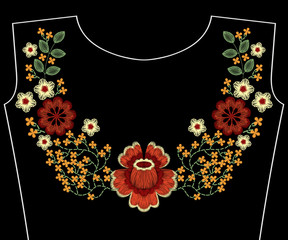 Wall Mural - Embroidery fashion patch for neckline with flowers, berries, plants pattern for woman apparel decoration