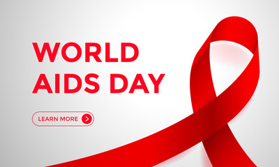 World AIDS day red ribbon web banner background for 1 December awareness world day logo. Vector HIV and AIDS ribbon symbol or emblem badge on pink background design template