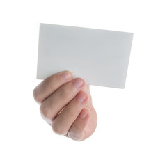 Empty paper card in hand isolated on white background,Front view