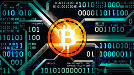 Wall Mural - Symbol of cryptocurrency bitcoin on the background of binary code and printed circuit board, well organized layers