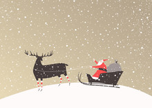 Santa Claus With A Bag Of Gifts On A Sleigh And His Reindeer In Funny Stockings. Merry Christmas Vector Card.
