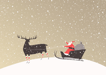 santa claus with a bag of gifts on a sleigh and his reindeer in funny stockings. merry christmas vec