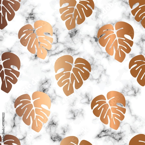 Nowoczesny obraz na płótnie Vector marble texture design seamless pattern design with golden monstera leaves, black and white marbling surface, modern luxurious background, vector illustration