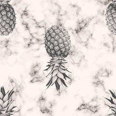 Wall Mural - Vector marble texture seamless pattern design with pineapple, black and white marbling surface, modern luxurious background, vector illustration