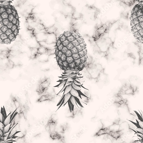 Naklejka - mata magnetyczna na lodówkę Vector marble texture seamless pattern design with pineapple, black and white marbling surface, modern luxurious background, vector illustration