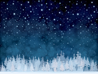 Wall Mural - vector winter night starry sky and forest background.