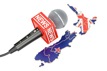 Wall Mural - New Zealand News concept, microphone news on the map. 3D rendering