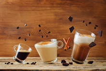 Different Types Of Coffee With Flying Ingredients. Espresso, Cappuccino And Mocha Coffee