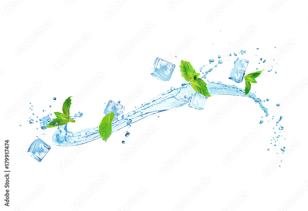 splash of water with ice and mint isolated on white background - obrazy, fototapety, plakaty 