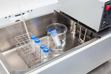 Falcon tubes and rack in a hot water bath at laboratory