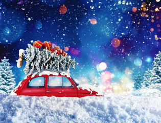 Wall Mural - Vintage car with Christmas tree and presents with night light. 3d rendering