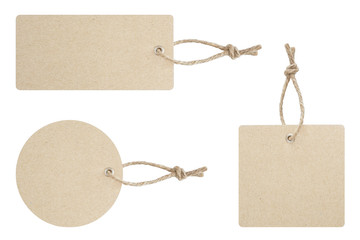 Blank tag tied for hang on product for show price or discount isolate on white background with clipping path