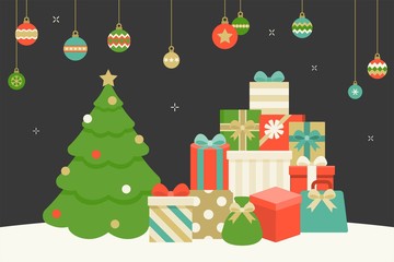 Wall Mural - Christmas hanging balls, Pile of present boxes and Christmas tree on snow floor, flat design vector