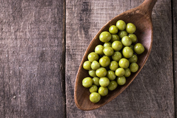 canned Green peas l on old wooden background,healthy vegan food