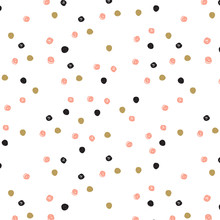 Vintage Hand Drawn Doodle Seamless Pattern With Black, Pink And Gold Dots.