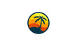 Summer beach illustration abstract sun and palm tree on seaside vector logo design template.