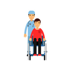 Wall Mural - Cartoon flat character of doctor with patient in wheelchair, healthcare service