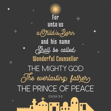 Typography Of Bible Verse From Chronicles For Christmas, For Unto Us A Child Is Born, His Name Shall Be Called Wonderful Concealer, The Mighty God, Everlasting Father, Prince Of Peace