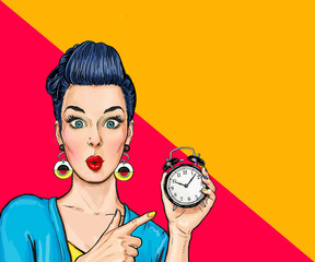 Surprised comic woman with clock. Party invitation. Birthday card. Hollywood, Housewife, shopping, deadline, sale, wow, too late, no, oops, sexy, pop, adult, young, 
money, love, cosmetics, stylish