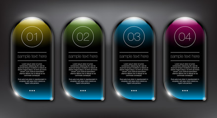 Wall Mural - Abstract vector banner set of 4. Round glass banners. 4 parts concept info graphics. Isolated with realistic shine and shadow on the dark background.Vector illustration. Eps10.