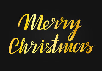 Wall Mural - Gold Merry Christmas Vector Lettering. Greeting Card on black background. Vector illustration