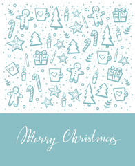 Wall Mural - Merry Christmas Vector Lettering and hand-drawn xmas graphic. Greeting Card on white color background. Vector illustration