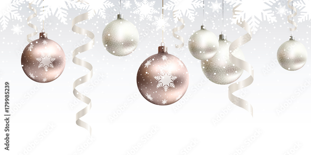 Festive Christmas decoration for website, social networks, blog or your video channel. Seamless horizontal pattern. The endless tape. Vector. EPS10. White and rose gold christmas balls and serpentine. - obrazy, fototapety, plakaty 