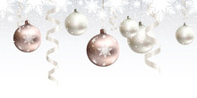 Festive Christmas Decoration For Website, Social Networks, Blog Or Your Video Channel. Seamless Horizontal Pattern. The Endless Tape. Vector. EPS10. White And Rose Gold Christmas Balls And Serpentine.